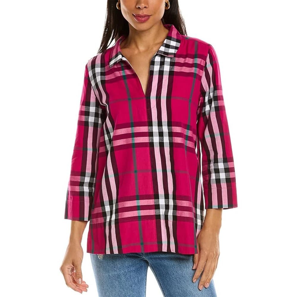 NWT Duffield Lane Cadence Top XS Pink Plaid V-Neck 100% Cotton Tunic Casual Chic